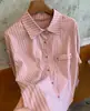 Camisa Listrada Rosa Coreana de Manga Longa Solta e Versátil Top com Lapela