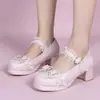 Fabricante Original Sapatos Femininos de Salto Único com Laço Fivela de Renda, Salto Alto Grosso, Boca Rasa, Sapatos Lolita para Estudantes, Estilo Europeu e Americano