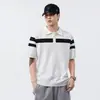 Camisa polo de punto de seda helada de alta gama con bloques de color para hombre, de manga corta, nuevo estilo de verano, camiseta de cuello para hombre moderna y versátil