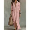 Nueva Moda Femenina Transfronteriza: Diseño Sencillo de Color Sólido con Solapa, Vestido Largo con Abertura Delantera, Casual y Cómodo, Elegante Vestido Largo