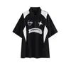 Camiseta Masculina de Manga Curta Pesada com Costura em Cor Contrastante Verão Estilo Americano Marca Tendência Ins Sensação de Alto Padrão Roupa de Moto Carro de Corrida Camiseta de Manga Meia-manga Gorda Bonita