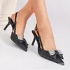 Sandalias de Tacón Alto Negras con Punta Aguda para Mujer Verano 2025 Nuevo Estilo Lazo Francés con Falda y Correa Trasera Hueca