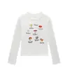 Camiseta feminina azul-marinho, gola redonda, ombro normal, manga longa, novo estilo primavera e outono, com estampa de letra de cogumelo, corte justo, top moderno para mulheres