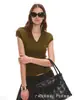 Top de punto con cuello en V y manga corta estilo francés 'Old Money' para mujer, versátil y casual de verano, ajuste ceñido, manga acampanada, camiseta de seda helada