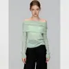 Top de punto semitransparente color verde menta, estilo hombros descubiertos, para mujer, nuevo estilo primavera 2026, de manga larga, exquisitamente hermoso, estilo francés