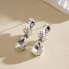 Aretes de aguja plateada con diamantes, diseño de flor ovalada de resina y gota de agua, estilo retro vintage, aretes versátiles