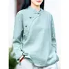Nuevo Estilo Retro Chino Literario 205 Top Algodón Lino Botón Rana Solapa Cruzada Cuello Alto Traje de Té Manga Larga Camisa Zen Mujer