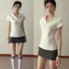 Camisa Popl de Manga a la Hombro Estilo Dopamina, Camiseta que Ceñe la Cintura para Mujer, Manga Corta Blanca de Verano Estilo Universitario Nuevo Top Ajustado