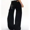Jeans Unisex de Pierna Ancha Rectos Casuales con Tachuelas y Estampado de Leopardo Estilo Callejero Retro Americano Negros Versátiles de Moda