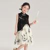 2024 Novo Vestido Infantil de Verão Estilo Nacional Estampa de Bambu Preto e Branco Costurado Vestido Cheongsam para Meninas Mostrando Elegante