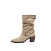 Estilo británico apilado punta fina otoño e invierno nuevos Botas Martin media pantorrilla temperamento blanco 2026 botas hebilla de cinturón botines tacón grueso