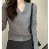 Suéter Pulóver de Punto Suave y Esponjoso Estilo Coreano Color Albaricoque con Cuello en V para Mujer Ropa de Otoño/Invierno Top Base Delgado y Favorecedor