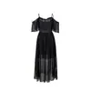 Sexy Camisón Transparente de Lunares Hombros Descubiertos con Tirantes Finos, Volantes Multicapa, Vestido de Longitud Media, Ropa de Casa Multicolor para Mujer 1169