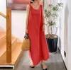 Vestido elegante sin mangas con cuello redondo y bolsillos sueltos de algodón y lino de estilo sencillo con tirantes largos de estilo europeo y americano para mujer