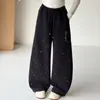 Pantalones de alta calidad para niña, nuevos, con dobladillo curvo, colección primavera/otoño 2026, holgados, con strass, tipo pants, casual, cintura elástica, pierna ancha, largos, modernos