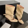Botas Cuadradas Fruncidas Estilo Coreano First Encounter para Mujer, que Aumentan la Altura, de Media Pantorrilla con Hebilla de Cinturón, Botas de Moda Frescas de Uso Bidireccional para Verano