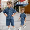 Conjunto de Verano de Mezclilla con Estampado de Leopardo para Niños 2026 Nuevo Elegante de Moda Conjunto de Dos Piezas de Manga Corta para Niños Moda Infantil Transfronteriza