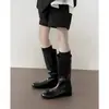 2026 Início do Outono Novas Botas de Cavaleiro de Cano Reto Não Acima do Joelho Bico Redondo Meio da Panturrilha Botas Franzidas Botas Altas Botas de Cowboy Western
