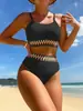 Traje de baño de punto multicolor de cintura alta con abertura, bikini sexy para mujer, europeo y americano, transfronterizo, nuevo