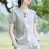 Camiseta Bordada Estilo Chino de Algodón y Lino Retro para Mujer Verano 2025 Nueva Top Casual Holgado Camisa de Manga Corta