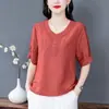 Nueva Camisa Bordada de Algodón y Lino Talla Grande para Mujer, Nueva Moda de Verano, Top Holgado de Manga Corta con Cuello en V que Reduce la Edad para Mamás