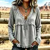2026 Verano Nuevo Estilo Europeo y Americano Holgado Cuello en V con Flecos Manga Larga Camiseta Color Sólido Top Casual Transfronterizo Camisa para Mujer