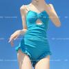 Estilo Nuevo de Verano para Niña de Alto Valor Facial Estilo Puro Deseo Traje de Baño Siaman para Mujer Blanco que Cubre el Vientre Adelgazante Fruncido Traje de Baño para Estudiante