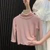 Ropa de primavera y otoño para niñas, tops de bebé elegantes, camisetas lisas de cuello alto estilo coreano de moda con bordes rizados