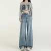 Jeans retro americanos azules de pierna ancha para mujer, tiro alto, corte holgado, adelgazantes, lavados, pantalones rectos hasta el suelo para figuras petite