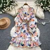 Vestido Feminino Estilo Romântico Francês com Decote V Estampado Outono 2026 Manga Longa Amarração na Cintura Acinturado Emagrecedor Babado Saia Evasê