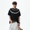 Camiseta de Tricô Jacquard Fair Isle com Gola Redonda e Manga Curta para Homem, Tendência de Verão Estilo Americano Old Money, Top Fresco de Meia Manga