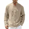 2026 Cruzando Fronteras Hombres Otoño Lino Transpirable Holgada Medieval Casual Moderno Cordón Camisa Henley
