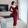 Vestido de gola quadrada de corrente de estilo francês chique elegante vestido de bainha apertada para mulheres vestido de noite dividido de nicho isn