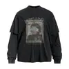 Estampa criativa de rosto, design falso de duas peças, manga longa, gola redonda, camiseta, estilo masculino, adequado para primavera e outono, modelagem solta, inspirado em streetwear, top de gola redonda