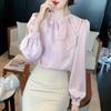 Camisa de Cetim Acetato Feminina Moda Primavera Roupa de Trabalho Ol Profissional Camisa Francesa Top Solto Drapado de Manga Longa Tendência