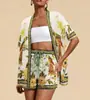 2026 Transfronterizo Verano Nuevo Estilo Europeo y Americano Impresión 3D Casual para Mujer Cardigan de Manga Corta Traje de Shorts Ropa de Vacaciones para Playa