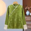 Camisa Exterior de Estilo Chino Nuevo para Mujer Estilo Nacional Ligero Satén Jacquard Top Elegante Retro Solapa Inclinada Botón Otoño Camisa Base