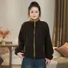 Cardigã casual com capuz em fleece, color block, gola alta, para mulheres, outono/inverno 2026, versátil, forrado com fleece, espessado, quente e moderno