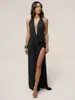 Vestido largo de fiesta de cintura alta, con abertura alta, drapeado, con fruncido y torsión en la parte delantera, vestido sexy halter con escote en V, estilo europeo y americano