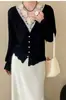 Top casual de punto con inserciones de encaje y diseño de cuello en V, cárdigan de punto de manga larga para mujer, suave y rejuvenecedor, cómodo para otoño
