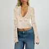 Camiseta de Manga Larga con Retazos de Encaje Populares Transfronterizos, Cuello en V Profundo, Manga Acampanada, Crop Top Ajustado para Mujer