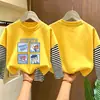 Camiseta de manga larga a rayas de algodón puro para niños, camiseta básica de otoño con dibujos animados, top falso de dos piezas para niños, casual y versátil