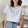 1688 Nuevo Estilo Camiseta de Manga Corta Bordada con Cara Sonriente para Mujer Verano Nuevo Holgada Color Puro Moderna Top de Media Manga