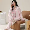 Algodón PuroPijama de Manga Larga para Mujer Otoño Nuevo Estilo Cárdigan Dibujos Animados Pantalones Largos Lindo Lunares Conjunto de Ropa para el Hogar Primavera Otoño
