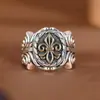 Anel de Banda Larga Dourado com Cruz e Flor Vintage Retrô Desgastado Moderno Hip-Hop Ivy Anel Masculino Venda Direta da Fábrica
