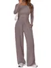 Conjunto Casual Duas Peças para Mulheres - Top Simples de Cor Sólida com Mangas Longas e Calça de Perna Larga com Bolsos - Cruzamento Europeu e Americano 2026