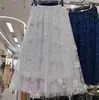 Saia Nova de Verão/Primavera 2026 de Cintura Alta Emagrecedora com Dupla Camada de Renda e Bordado Floral 3D, Saia Midi
