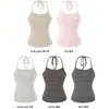 Conjunto de tres piezas para mujer en otoño: top de tirantes a rayas bicolor + camiseta de blusa holgada de manga larga con cuello en V + pantalones de campana de cintura alta