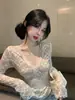 Blusa de Renda de Alto Padrão Estilo Francês Ningxin Yi para Mulheres, Estilo Puro Desejo Outono 2026 Gola V Manga Flare Malha Slim