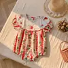 Ins Niñas Bebé Conejo Dibujo Animado Estampado Bordado Cuello Solapa Mameluco Infantil Pequeño Dulce Verano Manga Corta Mono
